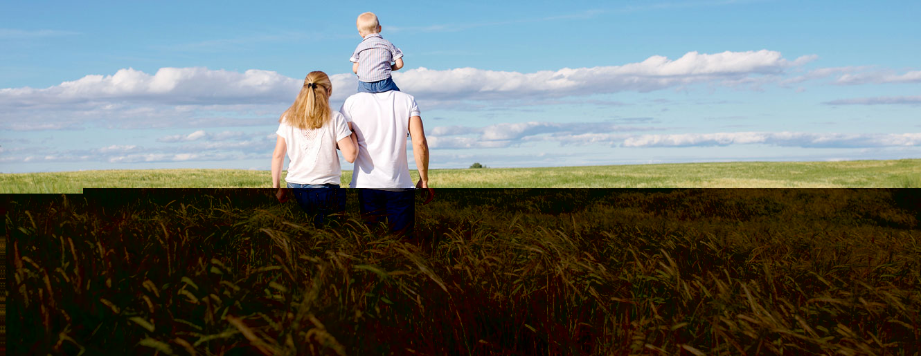 Family walking in tall grass